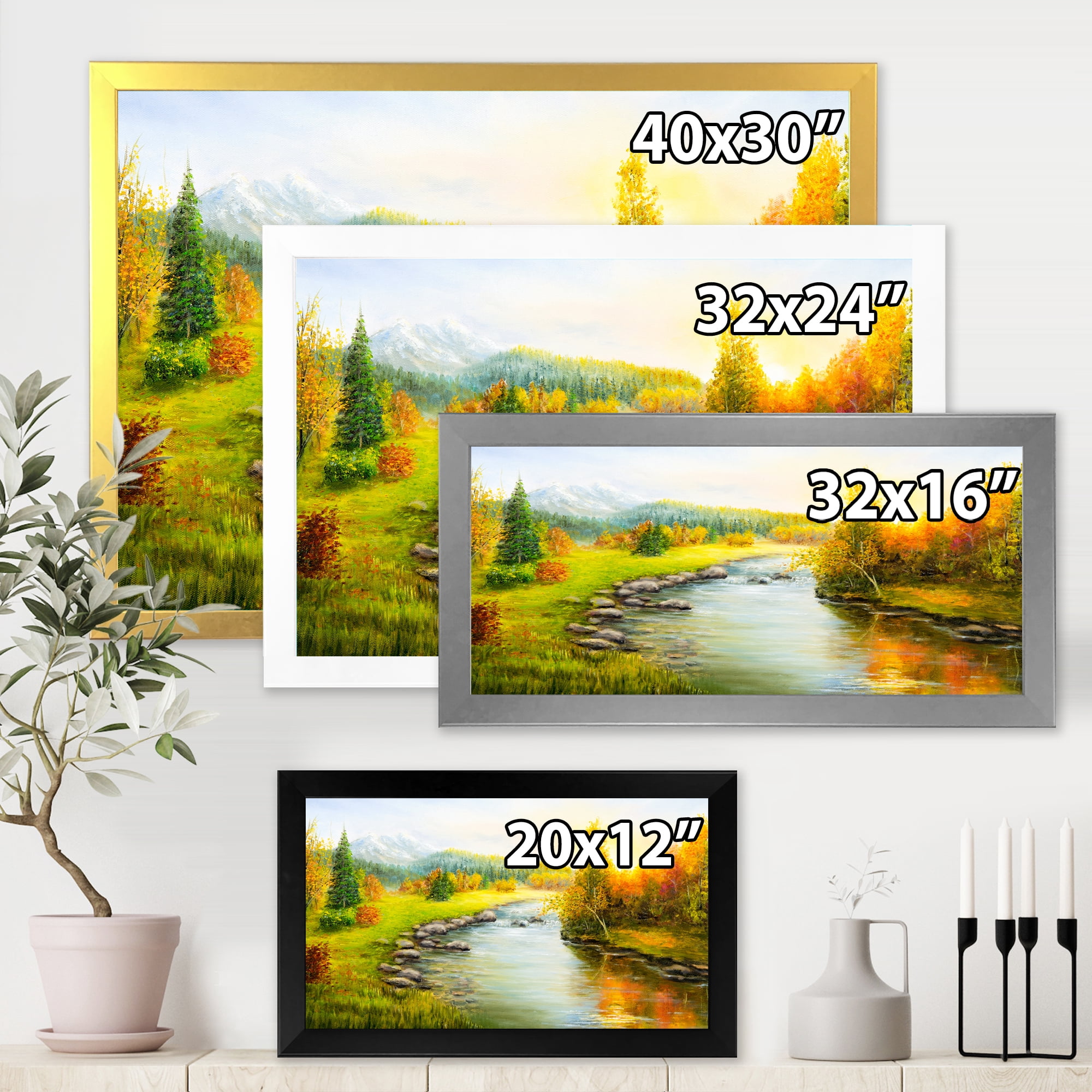 Designart 'Autumn Landscape With Forest River and Mountains' Lake House Framed Art Print