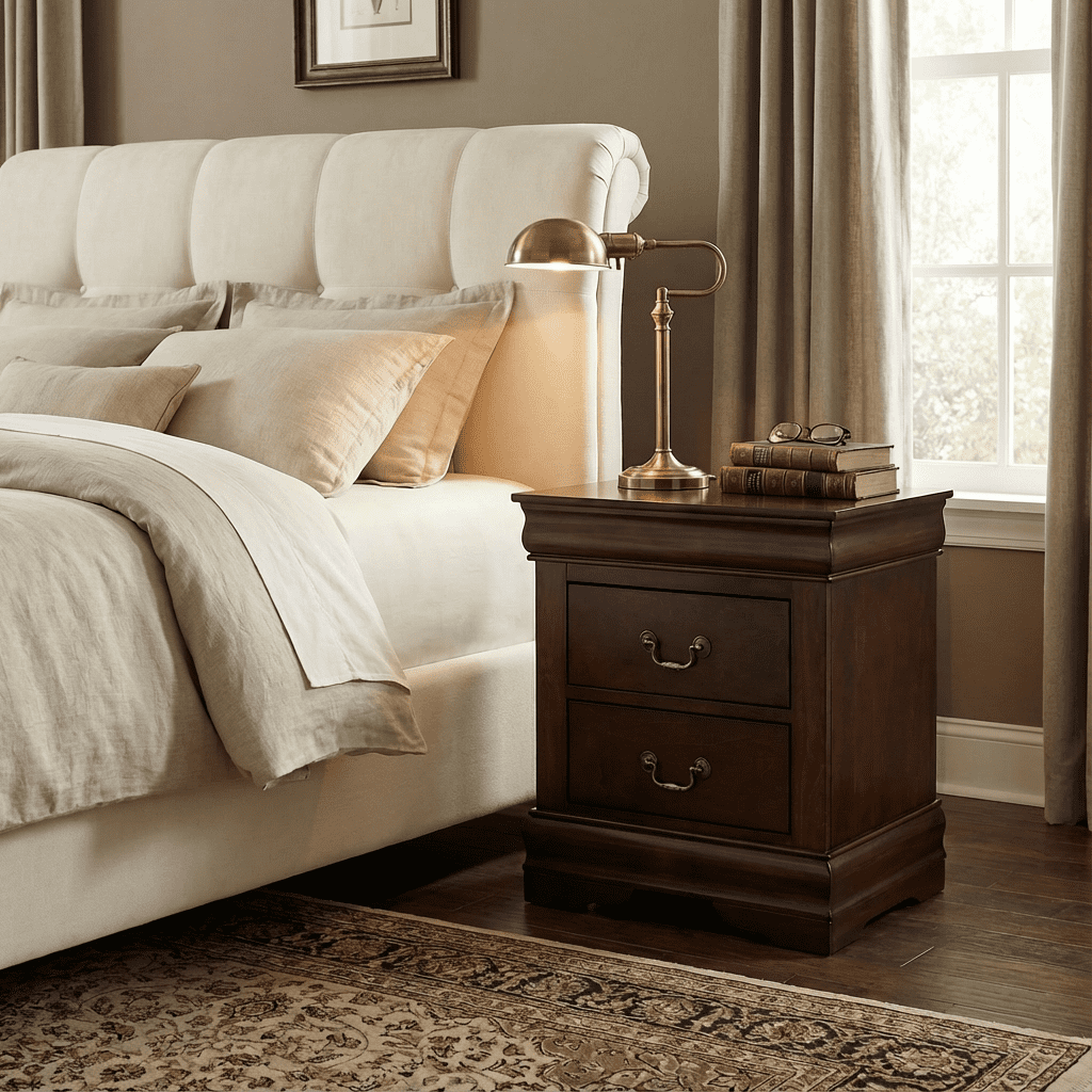 Traditional Solid Wood Nightstand with 2 Drawers in Black / Dark Cherry / White