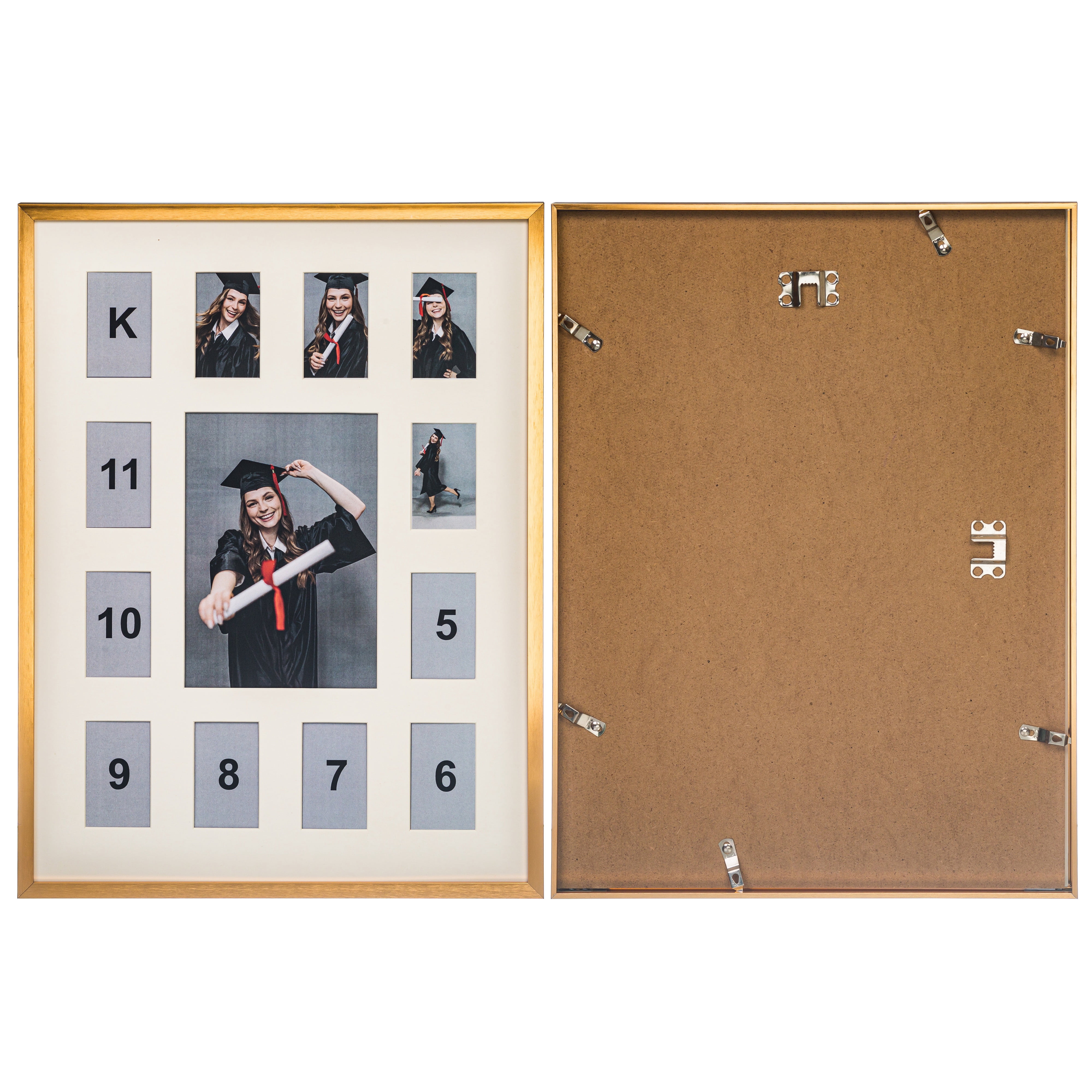 School Years Aluminum Metal Collage Picture Frame - Displays One 5x7 Photo and Twelve 2.5x3.5 Openings, K-12 Keepsake Gold