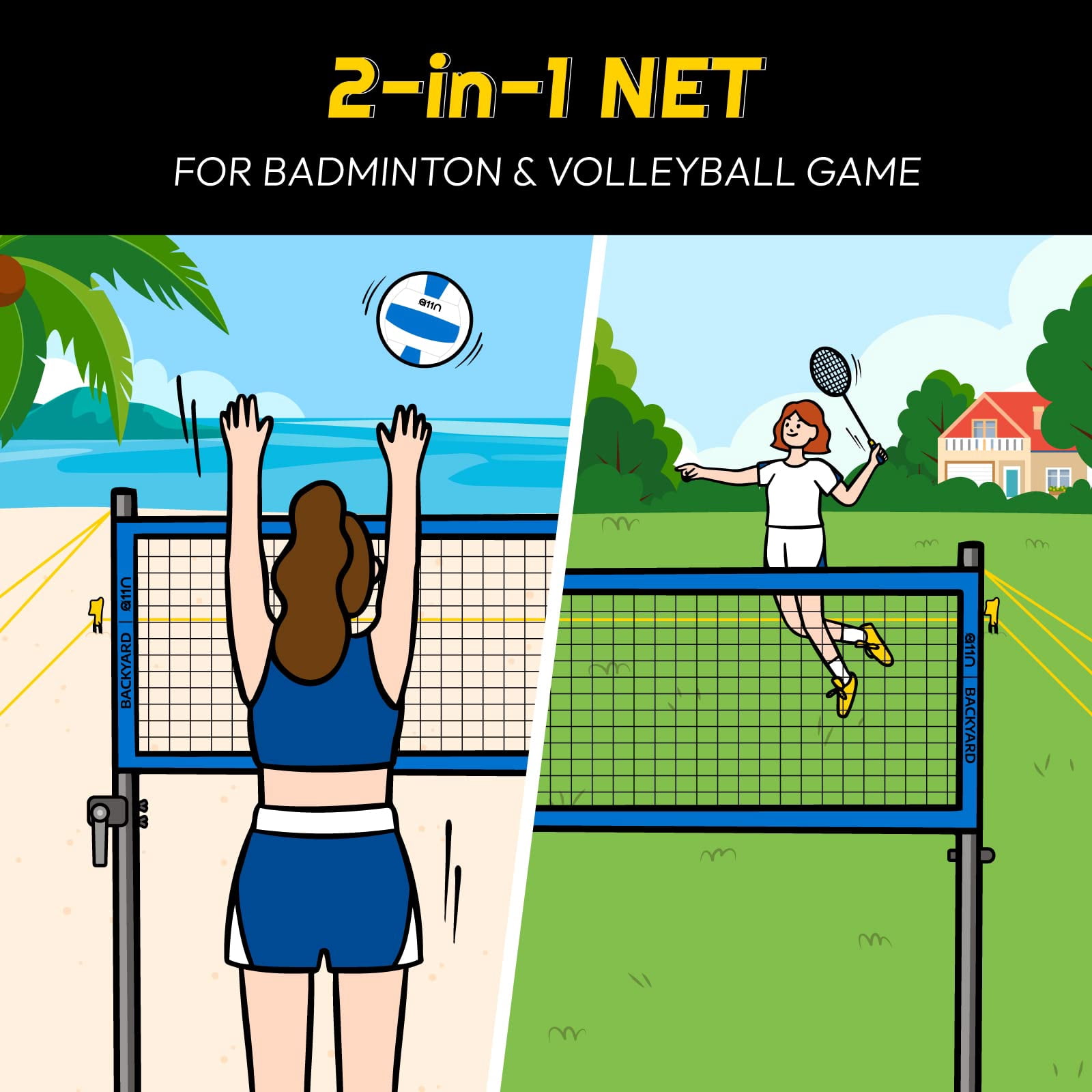 Outdoor Volleyball And Badminton Combo Set - Includes Adjustable Height Anti-sag Net  Air Pump 4 Rackets 2 Shuttlecocks Boundary Line Marker Carrying Bag