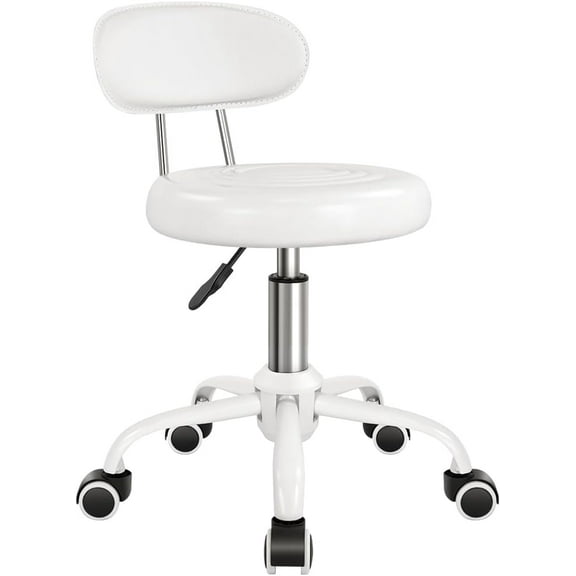 Rolling Stool with Wheels Swivel Stool with Back Height Adjustable Chair PU Leather Rolling Chair Ideal for SPA Salon Home Office Drafting Work (White)