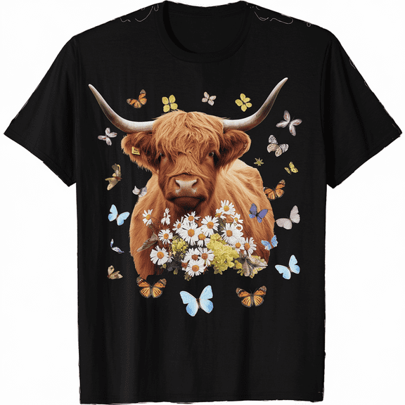 Sunflowers and Butterflies Highland Cow Butterflies Cow Cow Farm Cow T Shirt