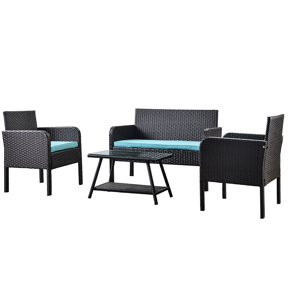 Kepooman 4 Piece Patio Ratten Dining Set, Outdoor Conversation Sofa Seating Set with Cushions - Blue Kepooman 4 Piece Patio Ratten Dining Set, Outdoor Conversation Sofa Seating Set with Cushions - Blue