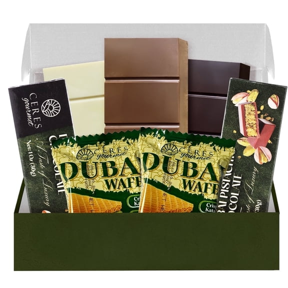 Dubai Chocolate Variety Pack – 3.5 oz Milky, Dark & White Chocolate   2 Dubai Wafers   2 Mini Chocolate Bars – Premium Chocolate Gift Box, Middle Eastern Dessert Sampler, 7 Pcs