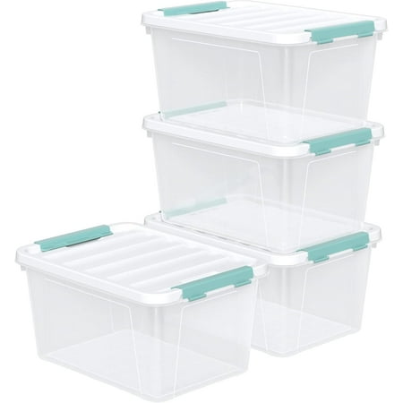 20 Quart Clear Storage Box, Plastic Latching Bins with Lids, 4 Pack