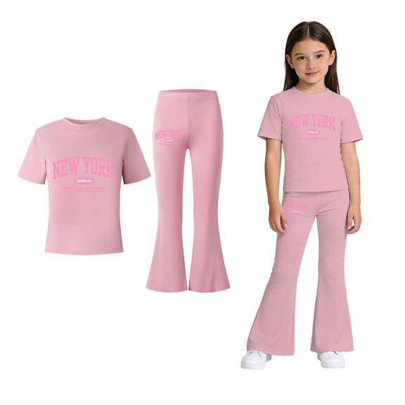 2 Piece Outfits Sets Girls Short Sleeve Letter Print T-Shirt Top and Flared Pants Sets Girls Spring Clothes Little Girl Clothes 7-8 Years