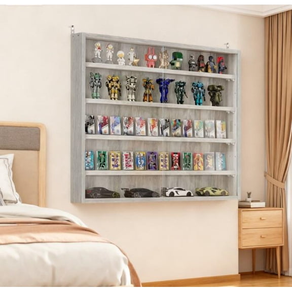Display Shelves Gray Wall-Mounted Display Case Perfect for Model Cars, Clear Door for Stylish Collectible Showcase,Wooden Display Shelves