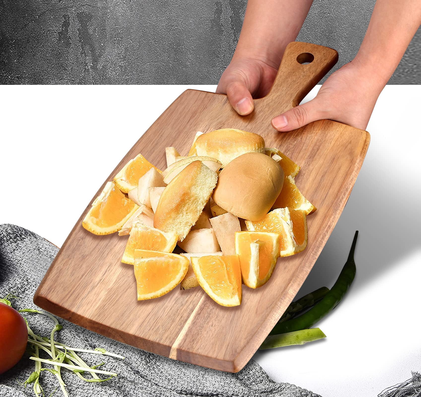 Wood Board With Handle Wooden Charcuterie Kitchen Chopping Boards For Bread Meat Fruit Cheese Serving Butcher Block Carving  17" X 10"