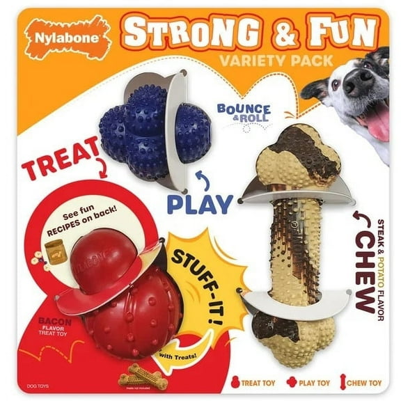 Nylabone Super Tough Rubber Strong and Fun Chew Toy Variety Pack 3 Count