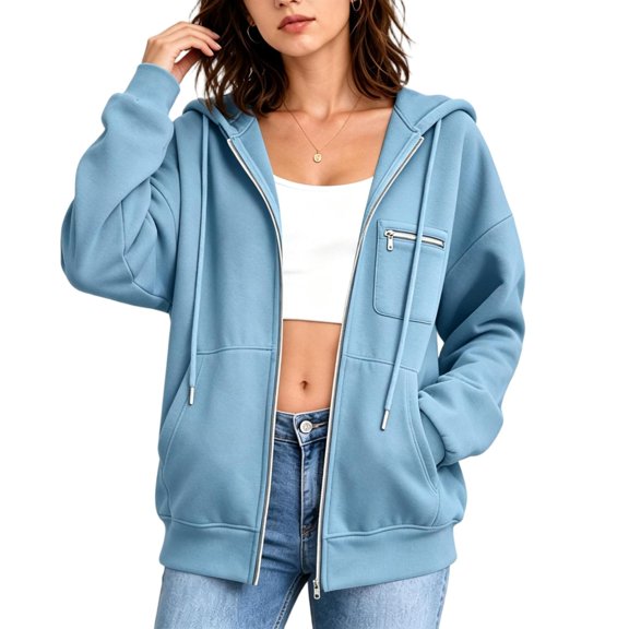 CBASIHI Womens Zip Up Hoodies with Pockets- Drop Shoulder Casual Trendy Fall Long Sleeve Oversized Sweatshirts Light Blue Size S