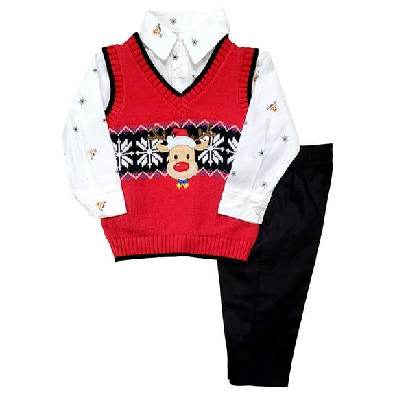 IZOD Infant Boys Dress Up Red Reindeer Vest Black Pants & Shirt Outfit Set 12m
