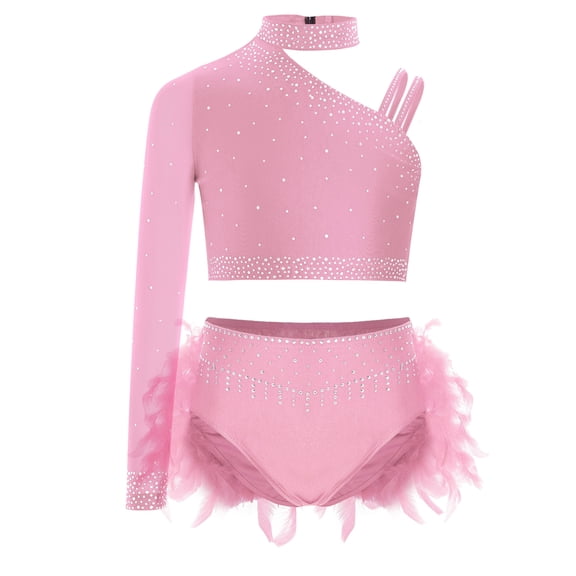Raenseen Kids Girls Shiny Dance Crop Top and Feather Briefs Skirt Sparkly 2 Piece Jazz Ballet Gym Dance Outfit Pink 14