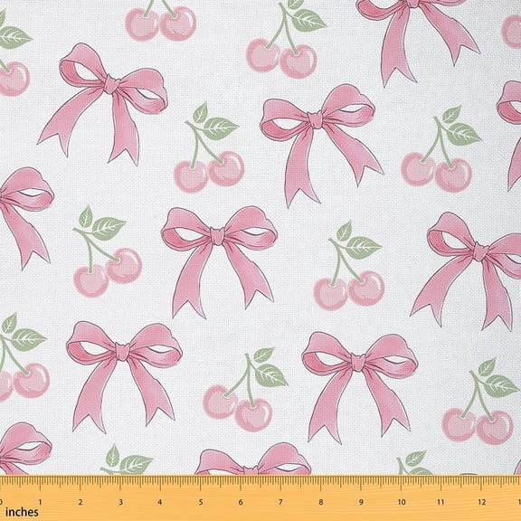 Erosebridal Cherry Bowknot Fabric By The Yard,Bow Tie Upholstery Fabric,Yummy Fruit Indoor Outdoor Fabric,Kawaii Watercolor Bow Decorative Fabric,Pink White,2 Yards