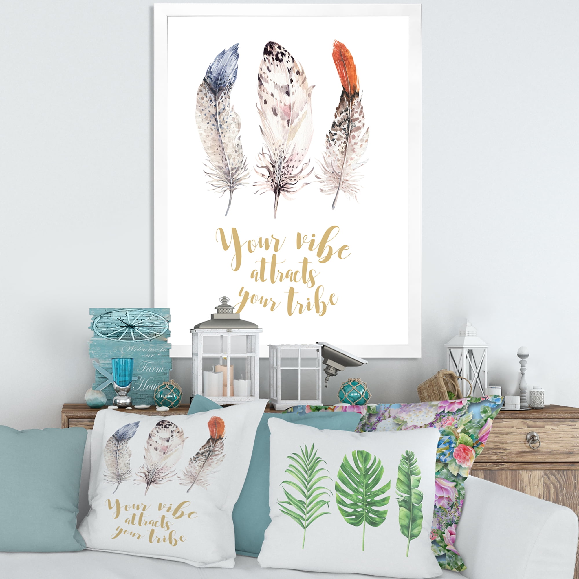 Designart 'Your Vibe Attracts Your Tribe Ethnic Feathers II' Bohemian & Eclectic Framed Art Print