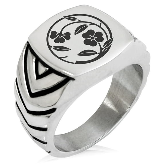 Stainless Steel Kawari Katabami Edamaru Kamon Crest Chevron Pattern Biker Style Polished Ring