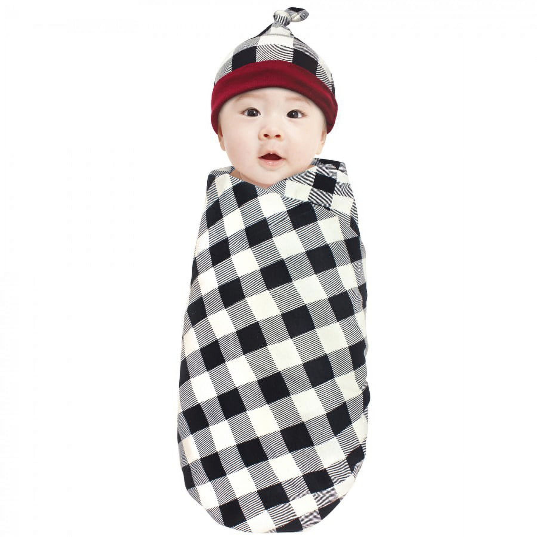 Touched by Nature Baby Boy Organic Cotton Swaddle Blanket and Headband or Cap, Black Plaid, One Size