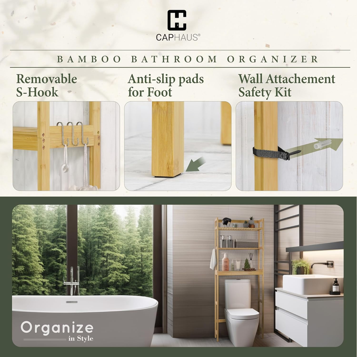 CAPHAUS Bamboo Over The Toilet Storage, Behind Toilet Bathroom Shelf Rack with Hooks & Adjustable Feet, 24-Inch Freestanding Toilet Shelf, Bathroom & Laundry Organizer, Balcony Plant Stand, White