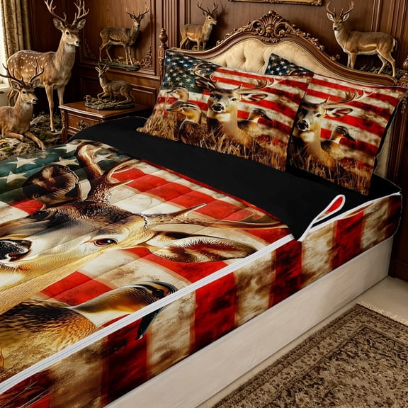 Erosebridal Vintage Deer Mallard Duck Zipper Twin Comforter Sets with Fitted Sheet and 2 Pillowcases for Boys Men, Rustic US Flag Zipper Bedding Set, Black Reversible, 4-Piece