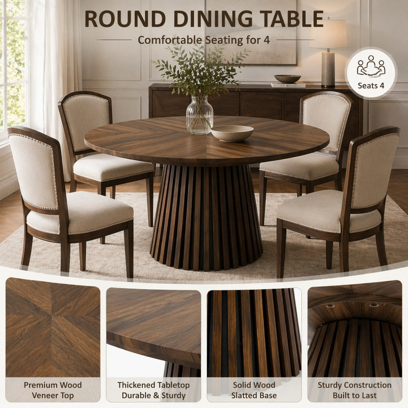 47.24'' Round Wooden Dining Table for 4, Accent Kitchen Dinner Table with Splicing Design Tabletop & Fluted Base