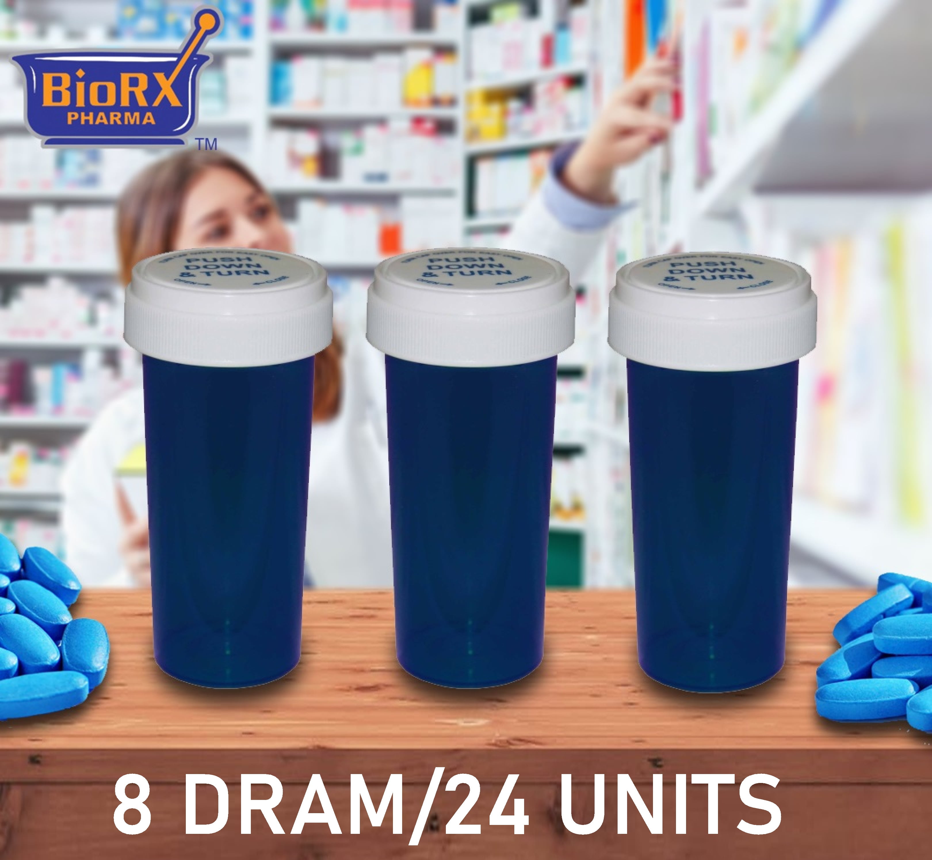 Plastic Prescription Blue Rx Vials/bottles 25 Pack W/caps 8 Dram Size 