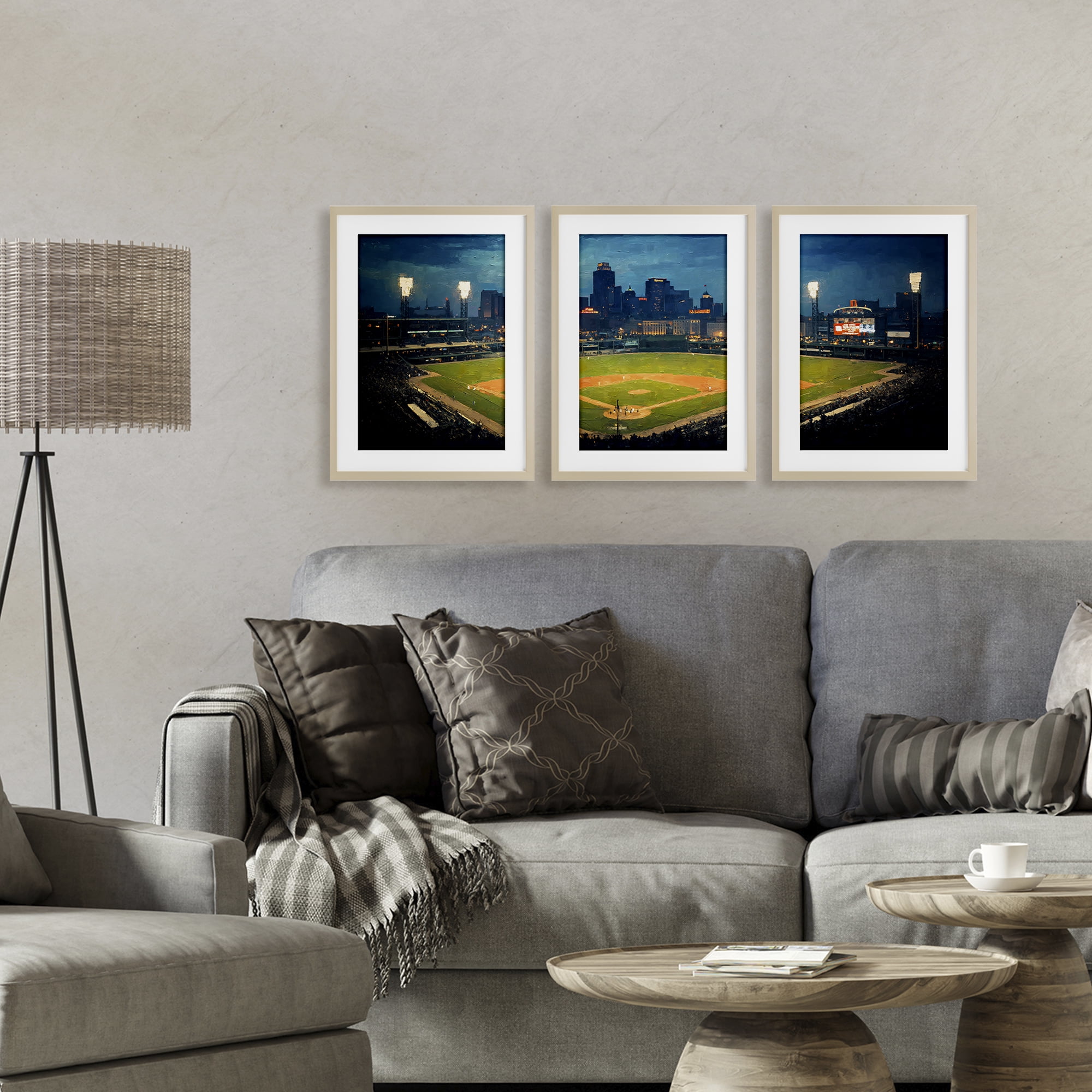 Stupell Industries Baseball Stadium Night View 3 Piece Birch Framed Print Under Glass Set, design by Arlington Prints