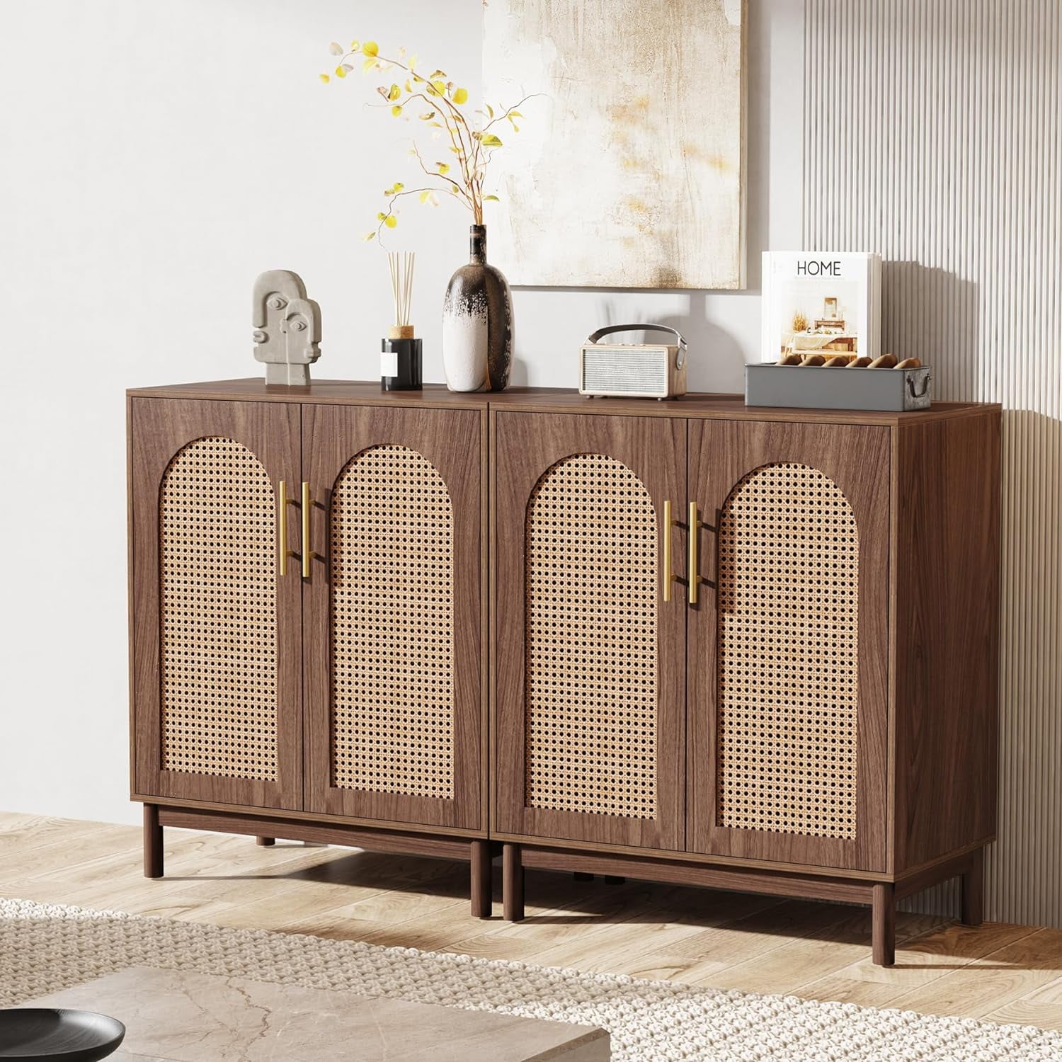 Sideboard Buffet Set of 2 Accent Rattan Storage Cabinet with Doors
