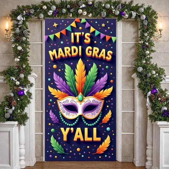 Purple Gold Green Mardi Gras Banner Feather Decor Carnival Display Beaded Garland Masquerade Mask Festive Backdrop for Carnival Party Mardi Gras Celebration Masquerade Ball