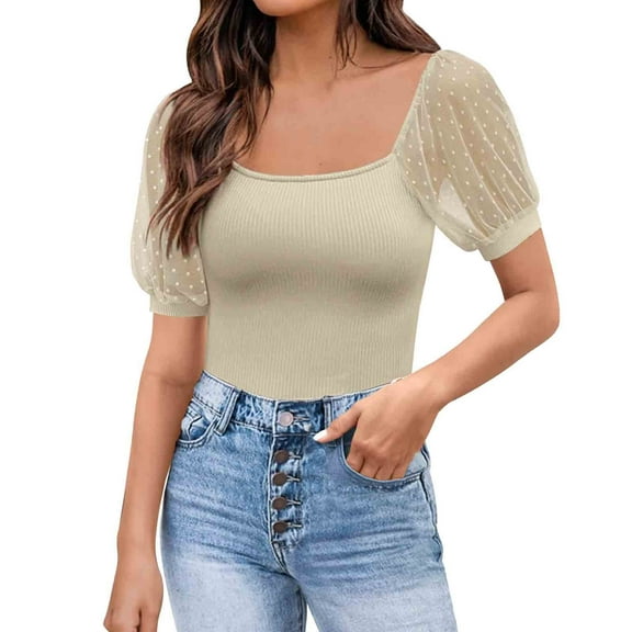 Women Fashion Solid U Neck Short Puff Sleeve Shirt Blouse Loose Tunic Top
