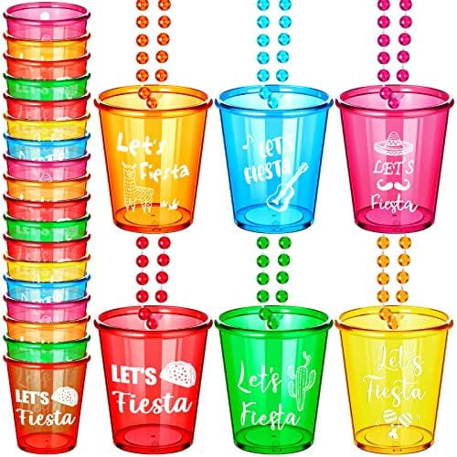 12 Packs Let's Fiesta Shot Glass Necklaces Bead Cinco De Mayo Necklace Plastic Shot Glasses Party Necklaces Mexican Cup for Bachelorette Fiesta Party Favors Supplies, Multi Color