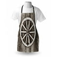thumbnail image 3 of Barn Wood Wagon Wheel Apron Retro Wheel on Timber Wall Barn House Village Cart Circle, Unisex Kitchen Bib Apron with Adjustable Neck for Cooking Baking Gardening, Dark Brown and White, by Ambesonne, 3 of 3