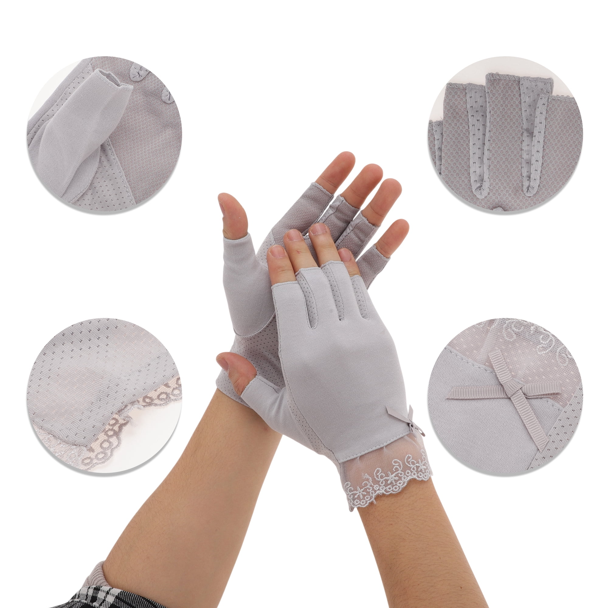 Unique Bargains Anti-slip Half Finger Lace Manicure Gloves 1 Pair Gray
