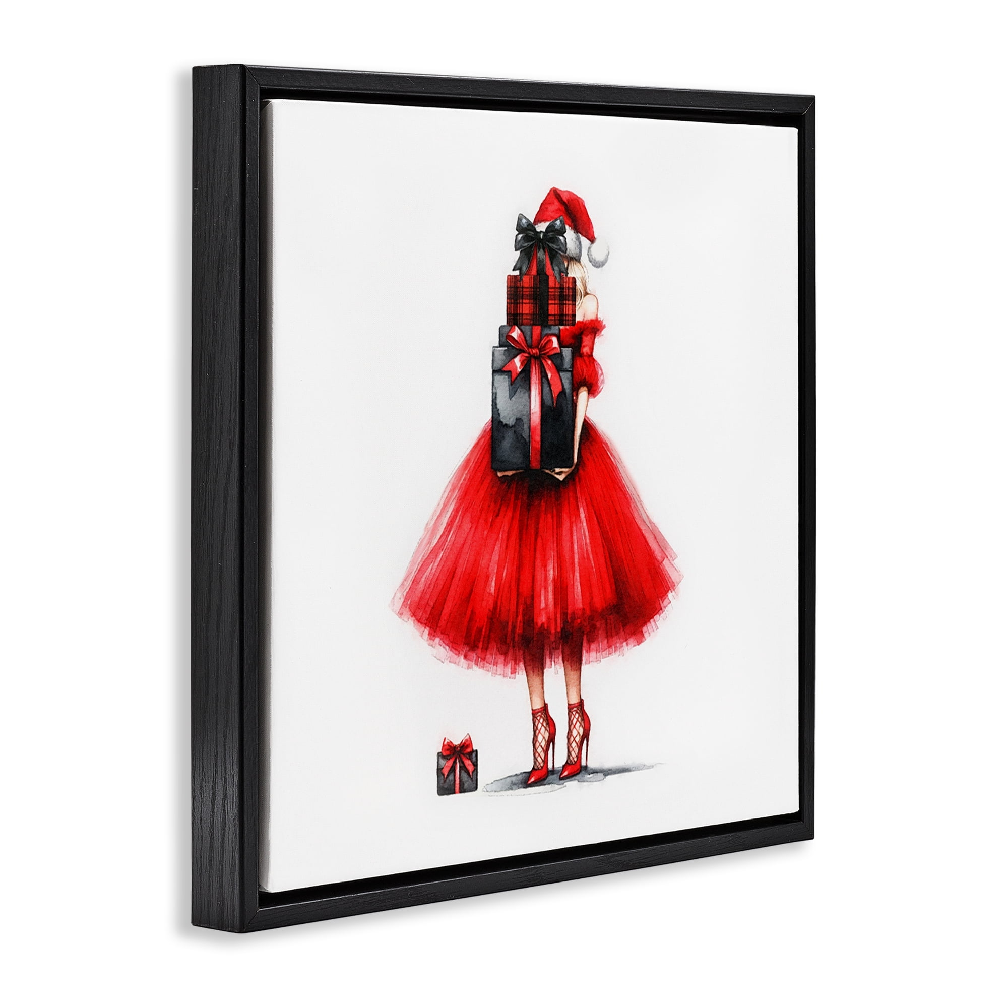 Stupell Industries Chic Christmas Gal Holiday Painting Black Floater Framed Canvas Art Prints Wall Art, 25 x 25