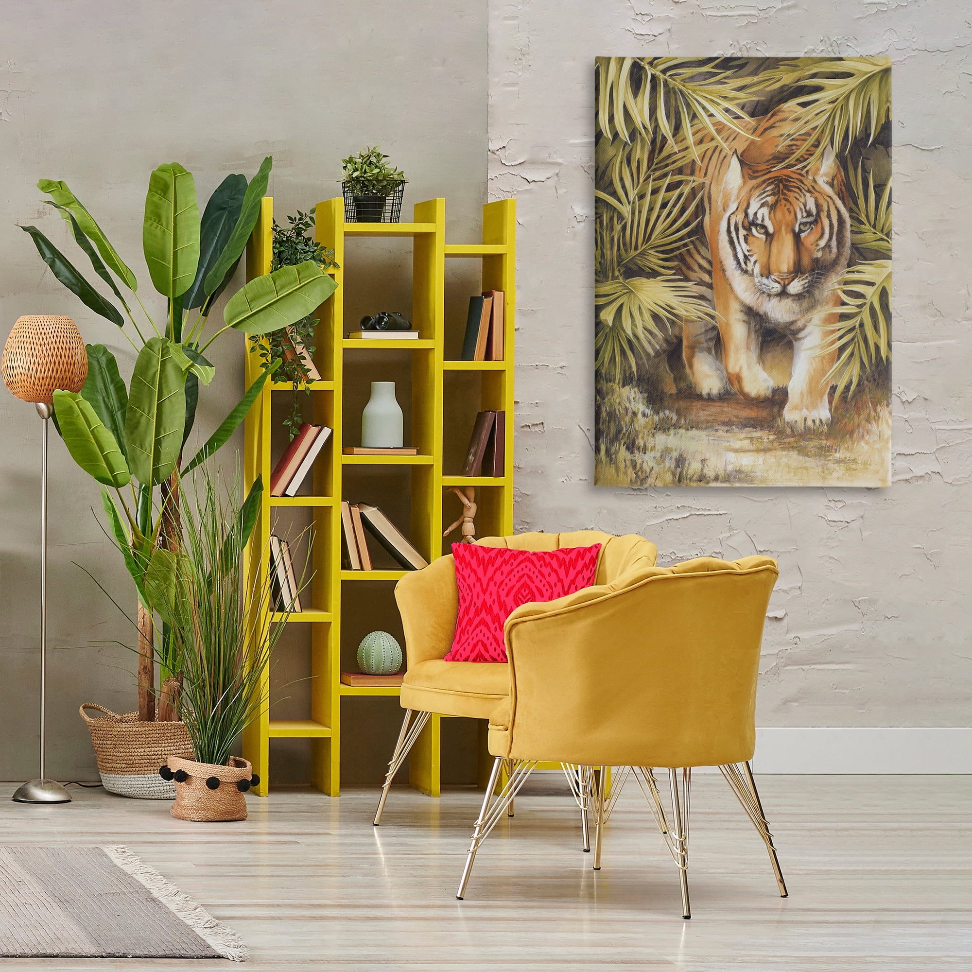 Stupell Industries Tiger Prowling Through Leaves Animals & Insects Painting Gallery Wrapped Canvas Art Print Wall Art, 30 x 45