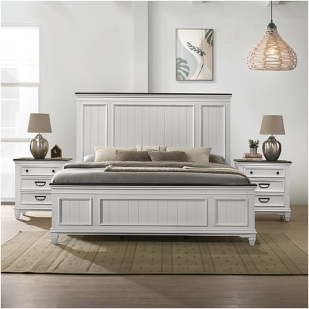 JERFIT Modern Farmhouse King Bedroom Set with Nightstands, Antique White Shiplap Panel Bed, 3-Piece Wood Furniture