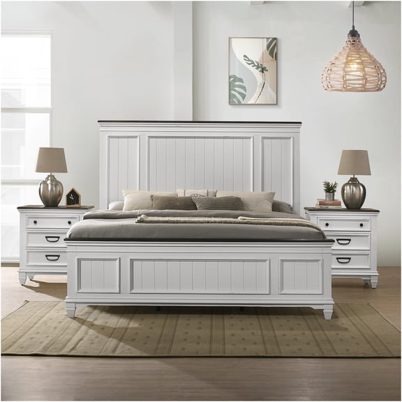 JERFIT Modern Farmhouse King Bedroom Set with Nightstands, Antique White Shiplap Panel Bed, 3-Piece Wood Furniture