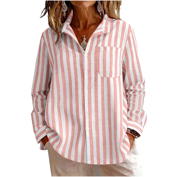 Camisa de Manga Larga Casual de Flanela con Rayas, Blusa de Bolsillo Delantera de Cuello Girado para el Uso Diario, Camisas de Malla de Manga Larga de Mujeres Embarazadas