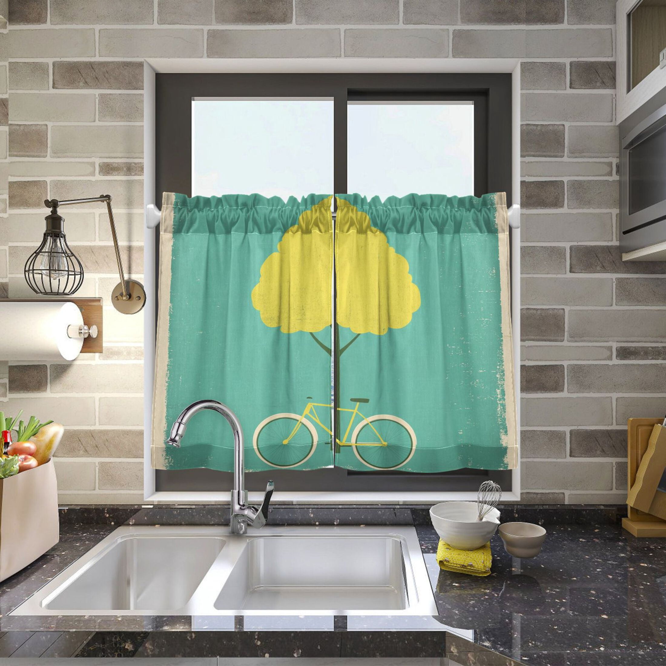 Tree and Bike 27"x36" Linen Look Cafe Curtain Set with Privacy and UV Protection