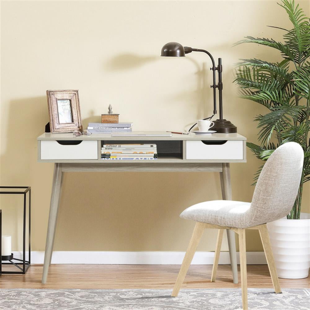 Demi Bonn Stylish Computer Desk Workstation with 2 Drawers and Solid Wood Legs, Small Home Office Desk Study Writing Table, Gray