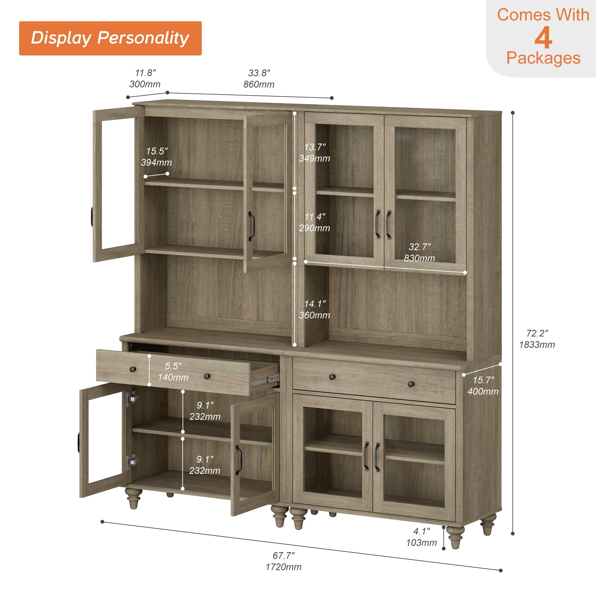 72.1"H × 67.7"W Bookcase with Glass Doors and Drawer, Large Farmhouse Bookcase with Bar Hutch, Suitable for Living Room, Bedroom, Home Office & Kitchen, Wash Gray