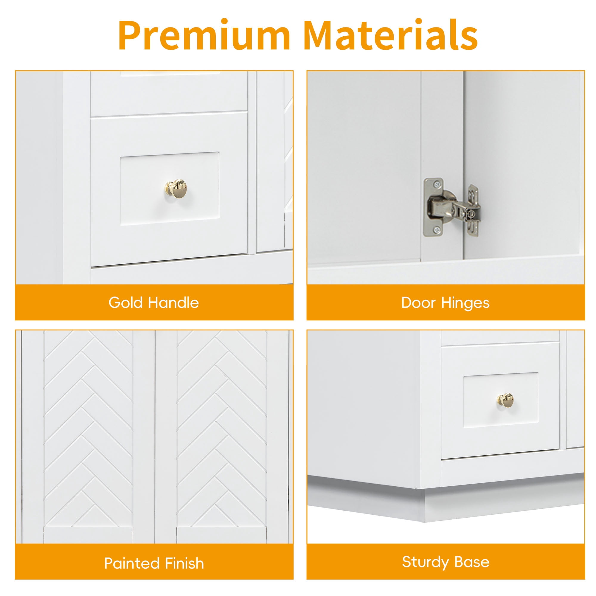 48" Classic Bathroom Vanity Cabinet, Freestanding MDF Vanity Base with 6 Drawers and 2 Soft-close Doors, White Storage Cabinet with Gold Handles, Cabinet Only Without Sink