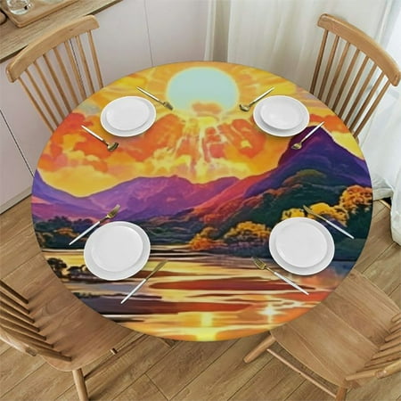 

Patifu Sunset River Mountains Round Tablecloth 100% Polyester Stain-Resistant Washable Indoor Outdoor Dining Wedding Party Decor 42 -46