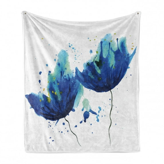 Blue Soft Flannel Fleece Throw Blanket, Watercolor Style Effect Floral Design Abstract Art Cornflower Illustration, Cozy Plush for Indoor and Outdoor Use, 50" x 60", Pale Blue and Blue, by Ambesonne