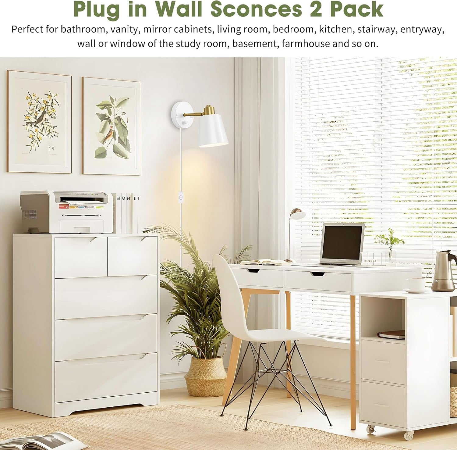 Plug in Dimmer  Wall Sconces Swing Arm Light Fixtures Wall lamps with 5.45ft Plug in Cord Dimmer Knob Switch E26 Base for Bedroom Bathroom Kitchen (2 Bulbs Included)