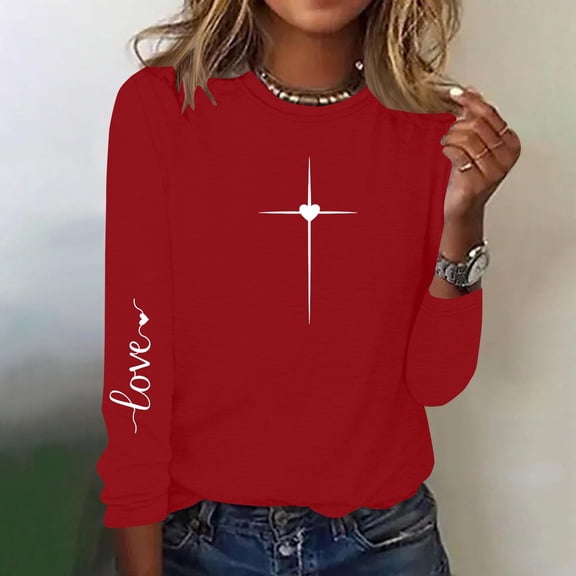 NTACZA Red Womens Fall Tops Plus Size Long Sleeve Valentine's Day T Shirts Active Couple Loose Fit Women Shirt L