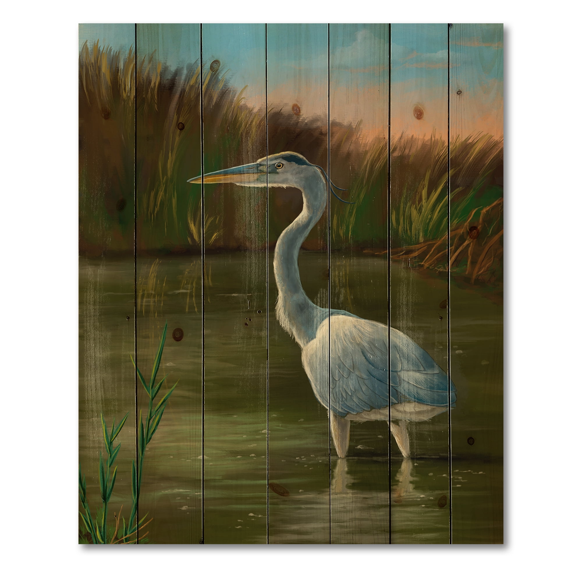 Designart 'Blue Heron Wetland Bird on The Lake Shore' Traditional Print on Natural Pine Wood
