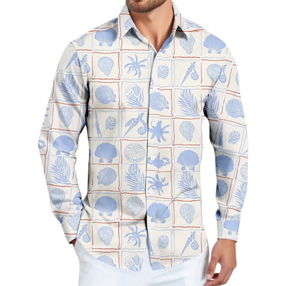 Mens Hawaiian Shirts Ocean Wave Print Long Sleeve Button Down Summer Shirt Tropical Vacation Beach Clothes