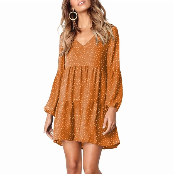 Womens Tunic Dress Long Sleeve V Neck Casual Loose Flowy Swing Shift Dresses Yellow M