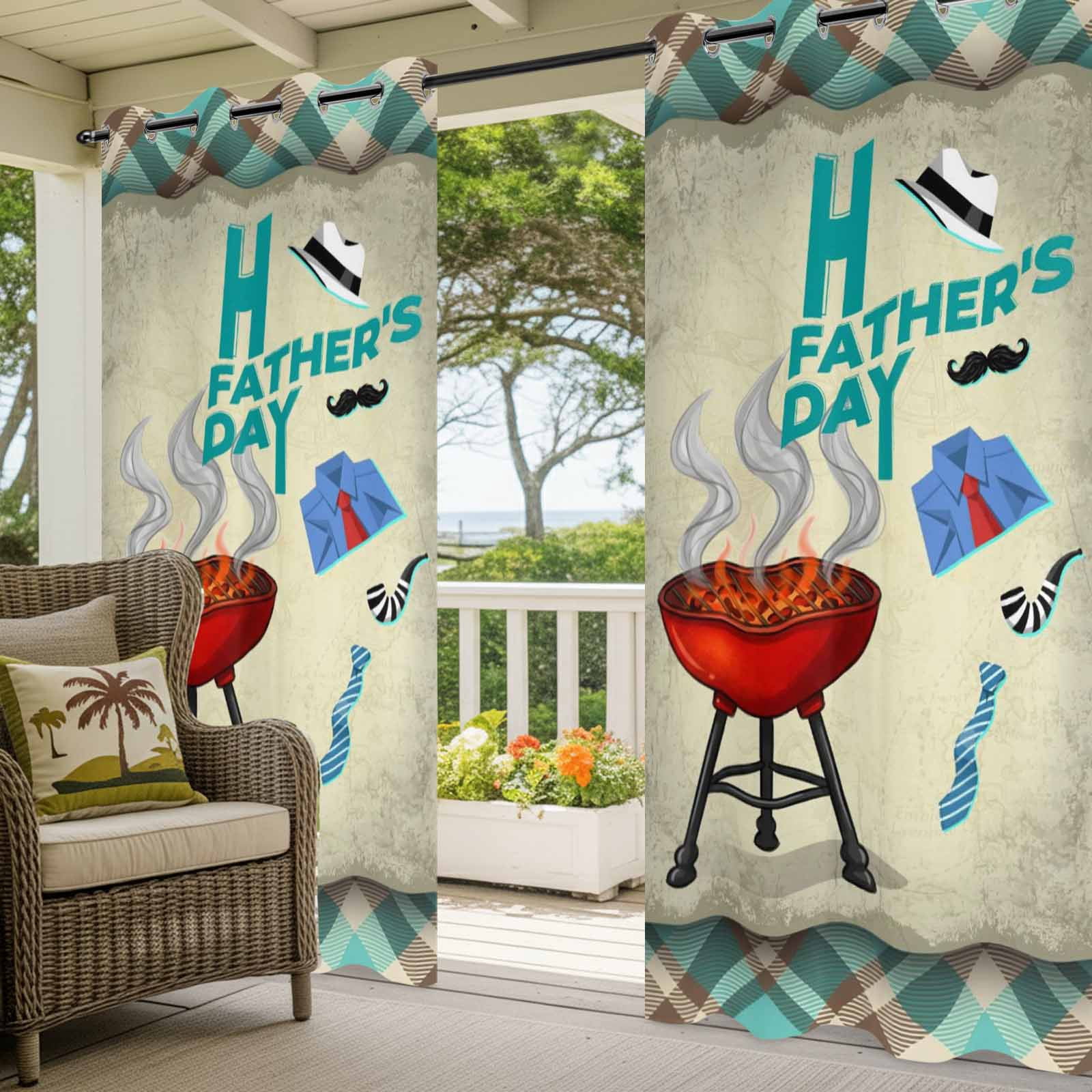 Father's Day Outdoor Curtains for Patio, Retro Barbecue Shirt Tie Beard Teal Plaid Waterproof Outside Curtains Privacy Blackout Curtain for Porch Pergola Cabana, 2 Panel 54W x 95L Inch