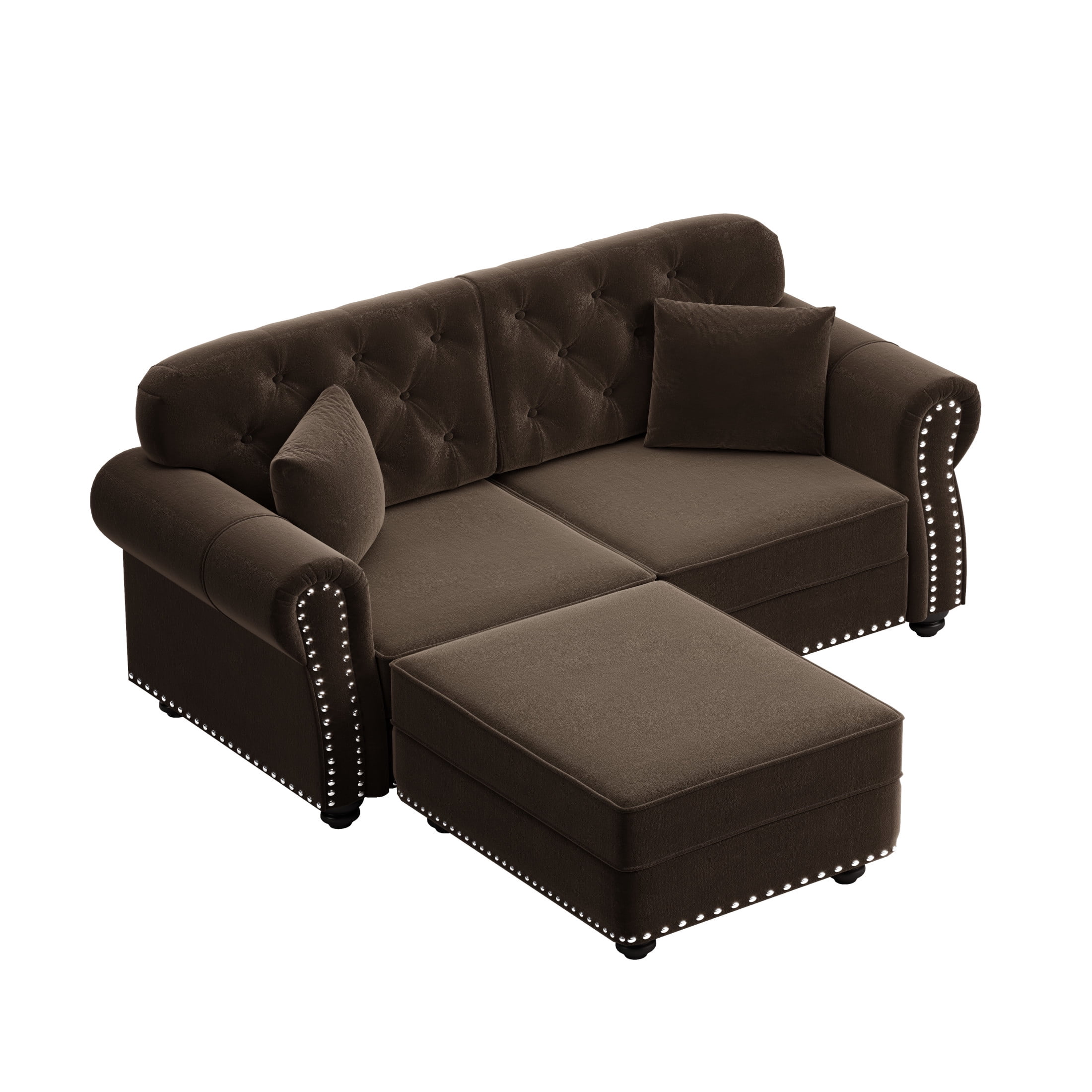 Noble House Kieran 2-Seater Velvet Chesterfield Sofa, Modern Tufted Armchair with Nailhead Trim and Ottoman, Brown