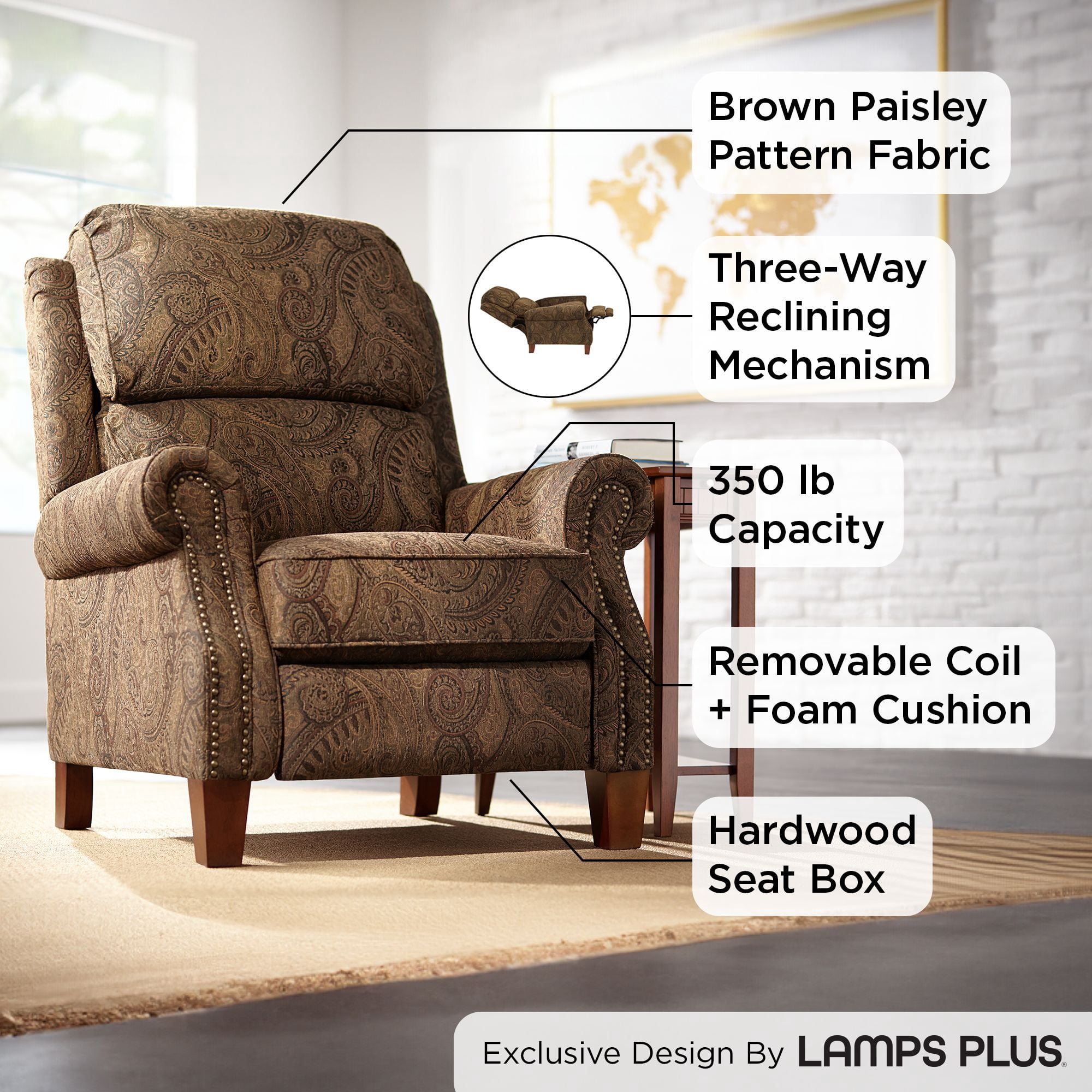 Kensington Hill Beaumont Warm Brown Paisley Patterned Fabric Recliner Chair Comfortable Push Manual Reclining Footrest for Bedroom Living Room Reading